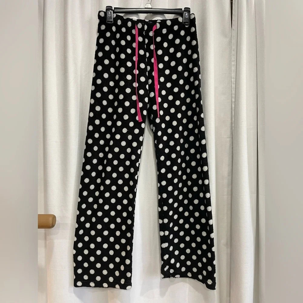 Nomad Kids Polka Dots Pajama Bottoms Fuzzy Pants Xl 14-16 Black White Cozy GUC